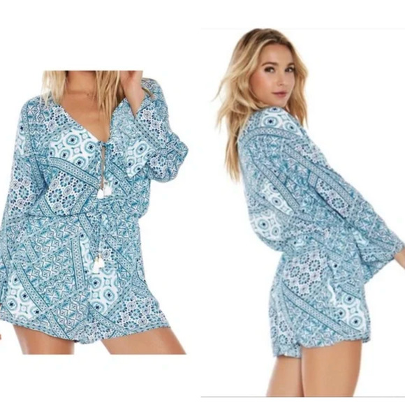 L Space Aubrey Romper Womens XS Extra Small Blue Patchwork Boho Tassel Tie Short - Picture 1 of 12
